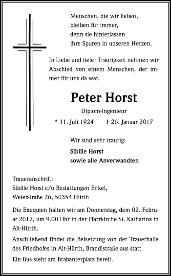 Anzeige von Peter Horst von Kölner Stadt-Anzeiger / Kölnische Rundschau / Express