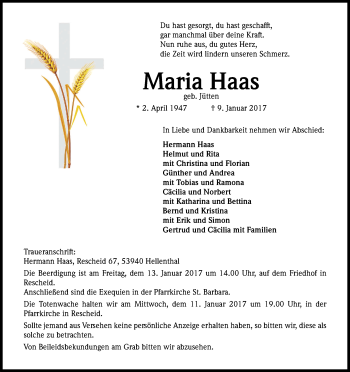 Anzeige von Maria Haas von Kölner Stadt-Anzeiger / Kölnische Rundschau / Express
