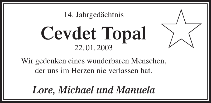  Traueranzeige für Cevdet Topal vom 25.01.2017 aus  Extra Blatt 