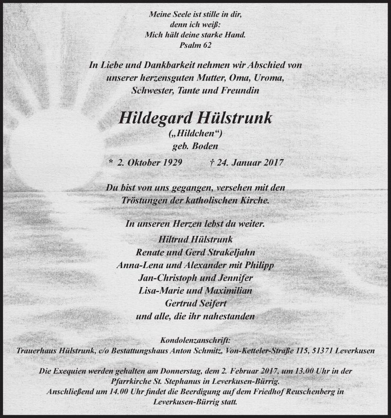  Traueranzeige für Hildegard Hülstrunk vom 01.02.2017 aus  Lokale Informationen 