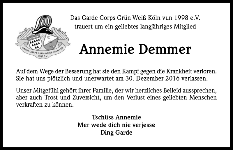  Traueranzeige für Annemie Demmer vom 07.01.2017 aus Kölner Stadt-Anzeiger / Kölnische Rundschau / Express