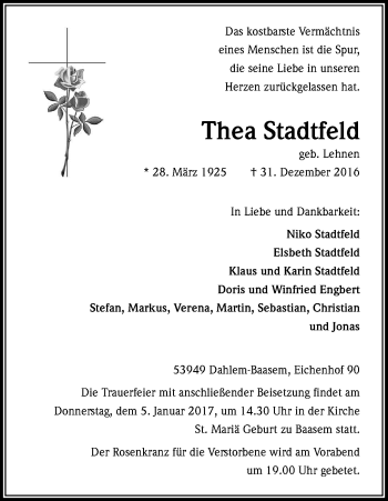 Anzeige von Thea Stadtfeld von Kölner Stadt-Anzeiger / Kölnische Rundschau / Express