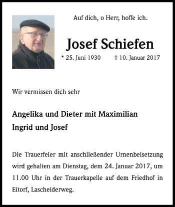 Anzeige von Josef Schiefen von Kölner Stadt-Anzeiger / Kölnische Rundschau / Express