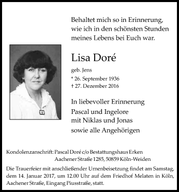 Anzeige von Lisa Doré von Kölner Stadt-Anzeiger / Kölnische Rundschau / Express