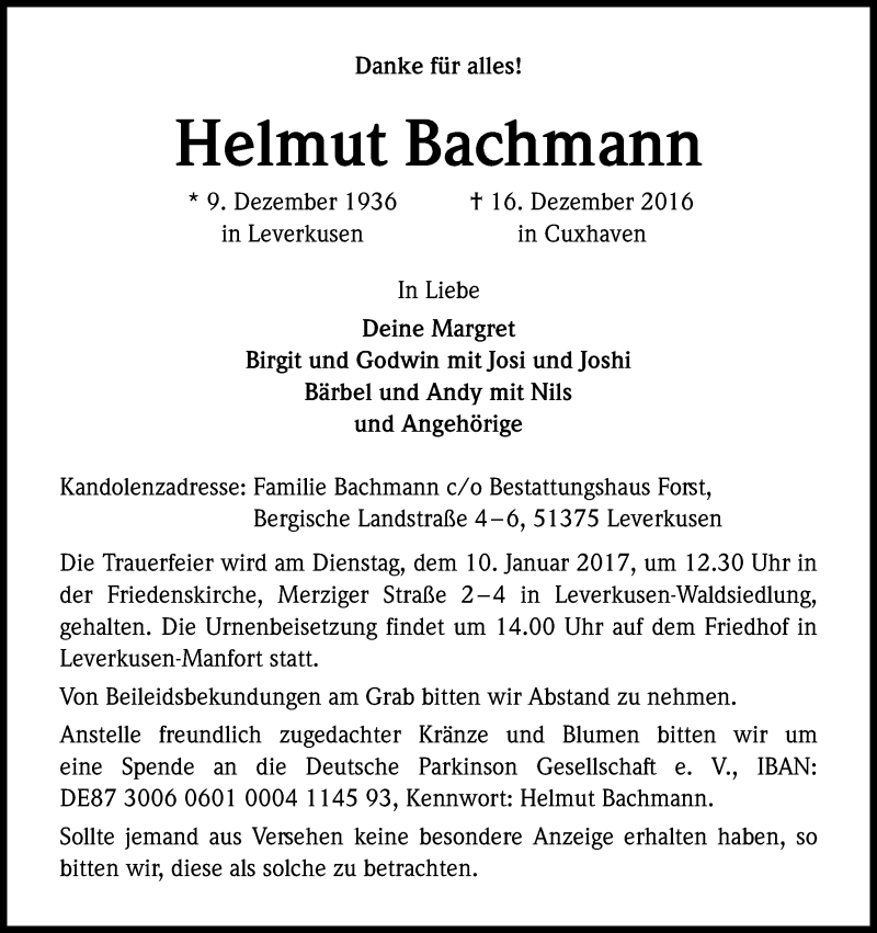  Traueranzeige für Helmut Bachmann vom 05.01.2017 aus Kölner Stadt-Anzeiger / Kölnische Rundschau / Express