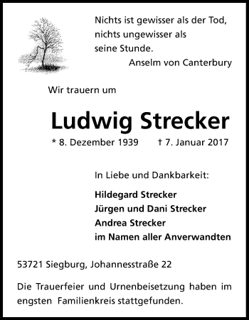 Anzeige von Ludwig Strecker von Kölner Stadt-Anzeiger / Kölnische Rundschau / Express