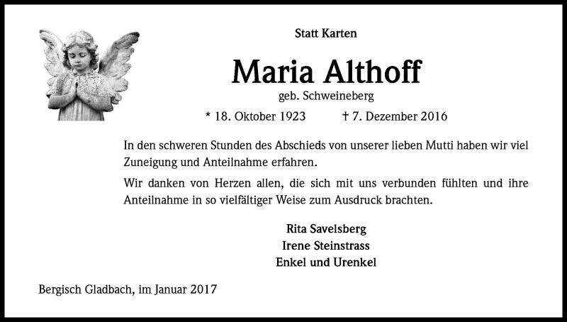  Traueranzeige für Maria Althoff vom 01.02.2017 aus Kölner Stadt-Anzeiger / Kölnische Rundschau / Express