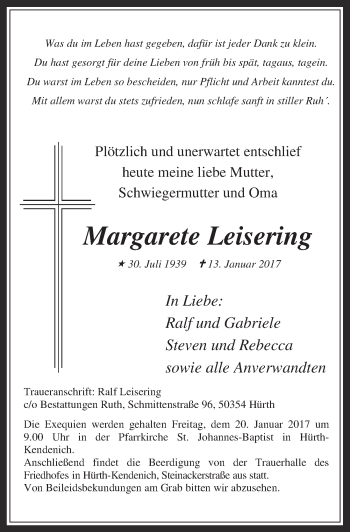 Anzeige von Margarete Leisering von  Wochenende 
