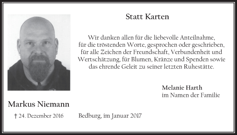  Traueranzeige für Markus Niemann vom 25.01.2017 aus  Werbepost 