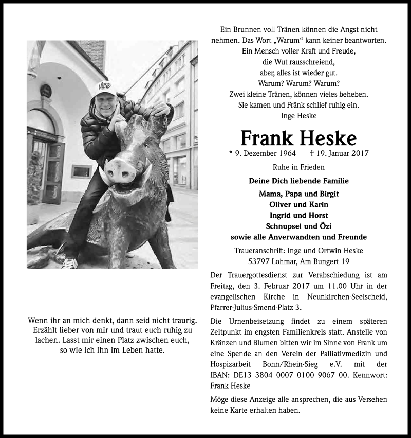  Traueranzeige für Frank Heske vom 28.01.2017 aus Kölner Stadt-Anzeiger / Kölnische Rundschau / Express
