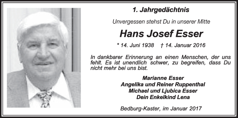  Traueranzeige für Hans Josef Esser vom 14.01.2017 aus  Sonntags-Post 