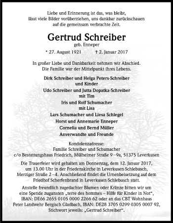 Anzeige von Gertrud Schreiber von Kölner Stadt-Anzeiger / Kölnische Rundschau / Express
