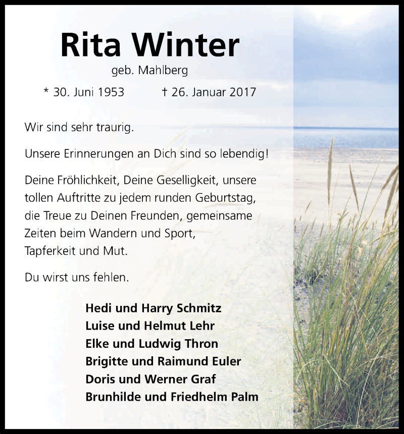  Traueranzeige für Rita Winter vom 01.02.2017 aus Kölner Stadt-Anzeiger / Kölnische Rundschau / Express