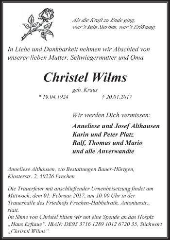 Anzeige von Christel Wilms von  Sonntags-Post 