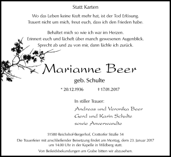 Anzeige von Marianne Beer von Kölner Stadt-Anzeiger / Kölnische Rundschau / Express