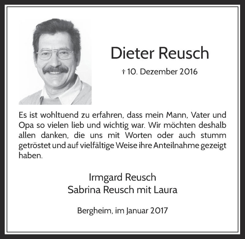  Traueranzeige für Dieter Reusch vom 25.01.2017 aus  Werbepost 