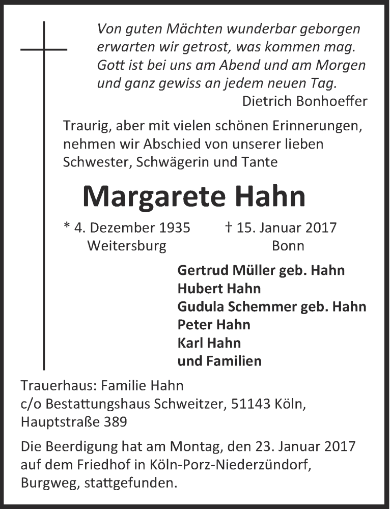  Traueranzeige für Maragrete Hahn vom 25.01.2017 aus  Schaufenster/Blickpunkt 