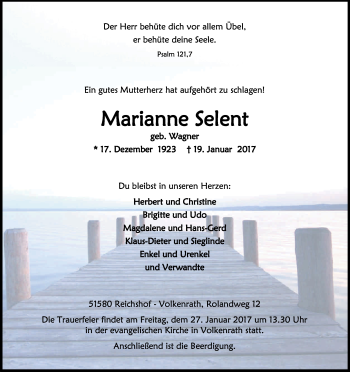 Anzeige von Marianne Selent von Kölner Stadt-Anzeiger / Kölnische Rundschau / Express