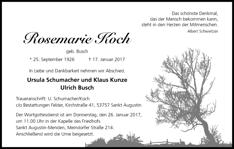  Traueranzeige für Rosemarie Koch vom 21.01.2017 aus Kölner Stadt-Anzeiger / Kölnische Rundschau / Express