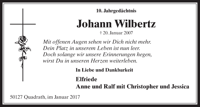  Traueranzeige für Johann Wilbertz vom 18.01.2017 aus  Werbepost 