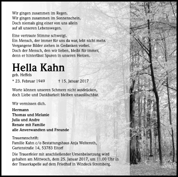 Anzeige von Hella Kahn von Kölner Stadt-Anzeiger / Kölnische Rundschau / Express