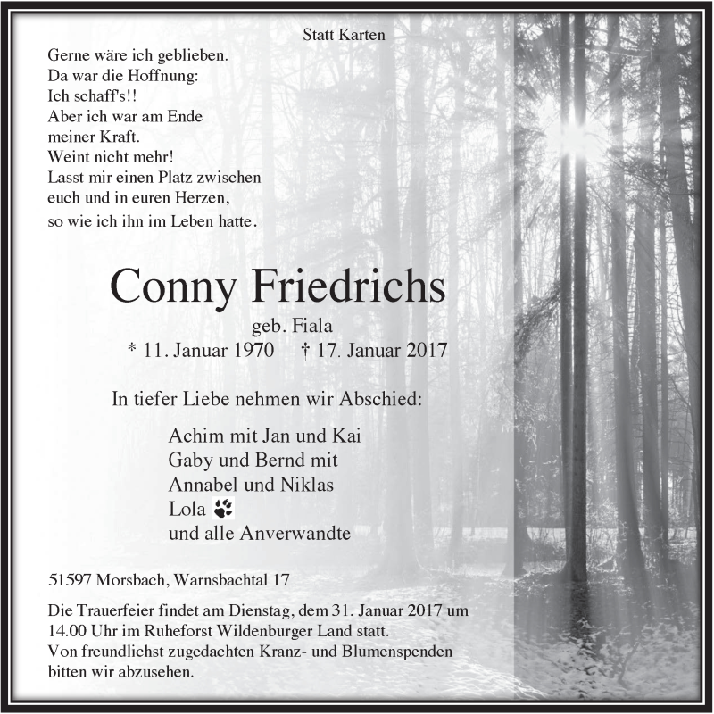  Traueranzeige für Conny Freidrichs vom 25.01.2017 aus  Lokalanzeiger 