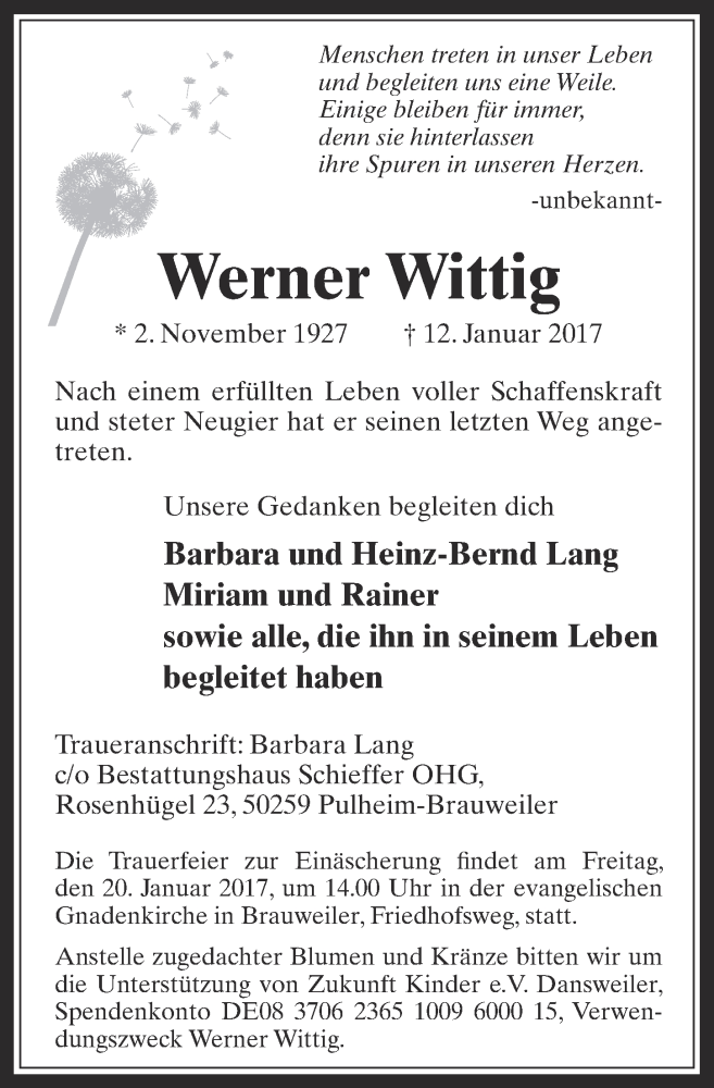 Traueranzeige für Werner Wittig vom 18.01.2017 aus  Wochenende 
