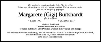 Anzeige von Margarete Gigi Burkhardt von Kölner Stadt-Anzeiger / Kölnische Rundschau / Express