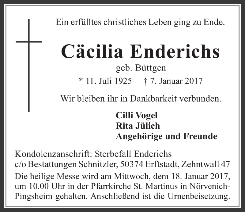  Traueranzeige für Cäcilia Enderichs vom 11.01.2017 aus  Werbepost 