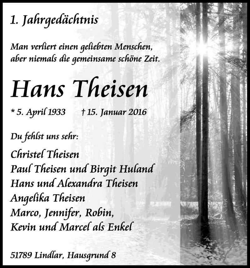  Traueranzeige für Hans Theisen vom 14.01.2017 aus Kölner Stadt-Anzeiger / Kölnische Rundschau / Express