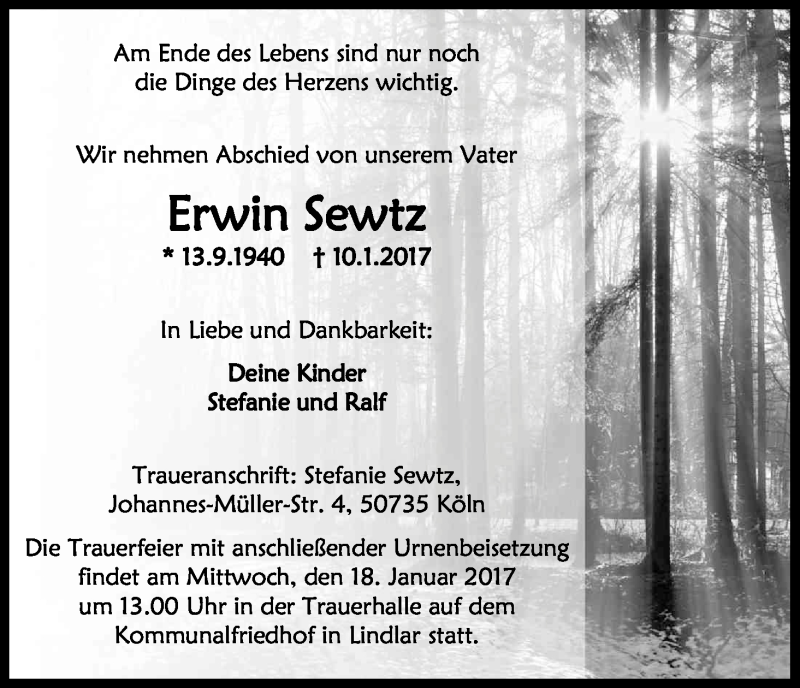  Traueranzeige für Erwin Sewtz vom 17.01.2017 aus Kölner Stadt-Anzeiger / Kölnische Rundschau / Express