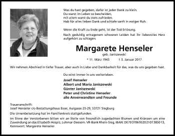 Anzeige von Margarete Henseler von Kölner Stadt-Anzeiger / Kölnische Rundschau / Express