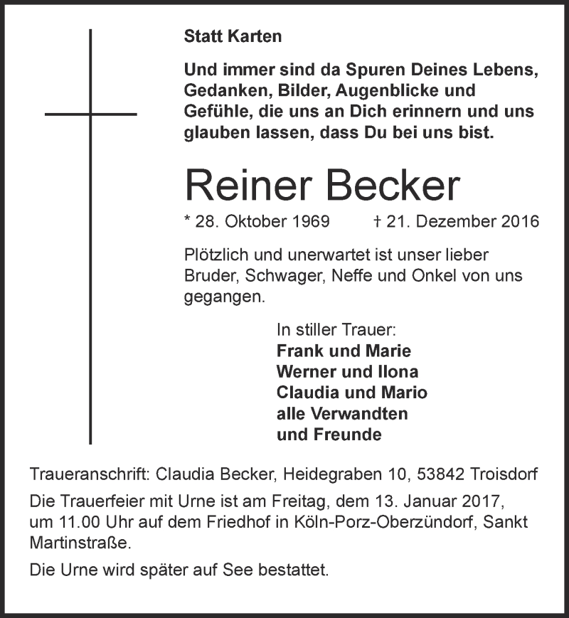 Traueranzeige für Reiner Becker vom 04.01.2017 aus  Kölner Wochenspiegel 