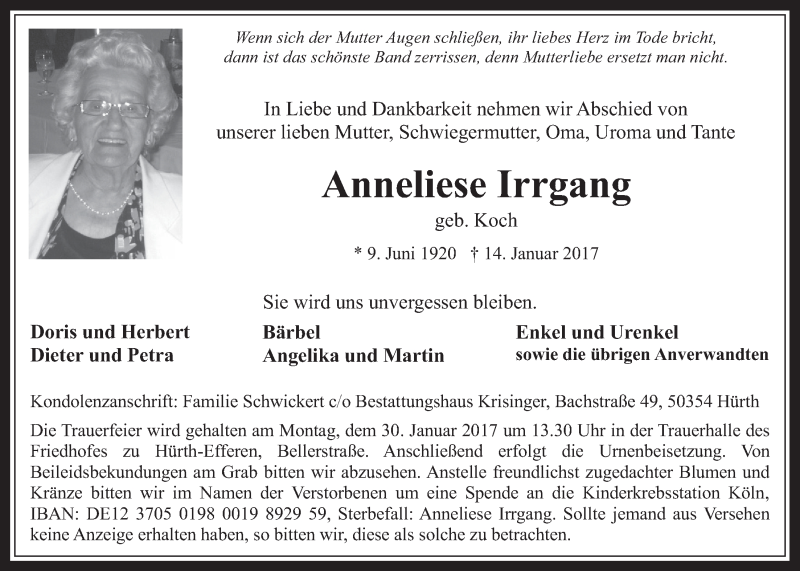  Traueranzeige für Anneliese Irrgang vom 25.01.2017 aus  Wochenende 