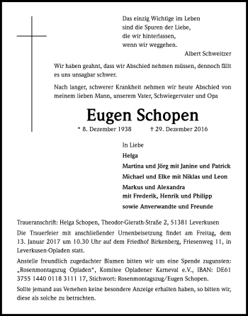 Anzeige von Eugen Schopen von Kölner Stadt-Anzeiger / Kölnische Rundschau / Express