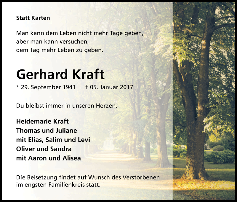  Traueranzeige für Gerhard Kraft vom 11.01.2017 aus Kölner Stadt-Anzeiger / Kölnische Rundschau / Express