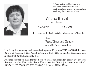 Anzeige von Wilma Bleuel von  Schlossbote/Werbekurier 