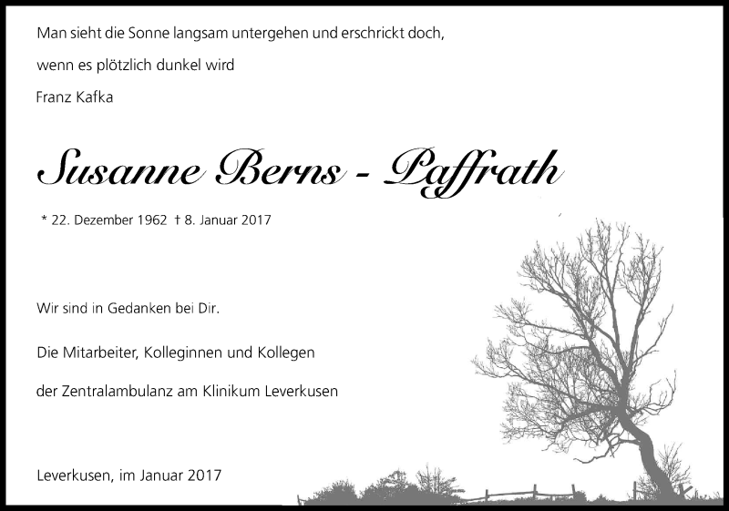  Traueranzeige für Susanne Berns-Paffrath vom 14.01.2017 aus Kölner Stadt-Anzeiger / Kölnische Rundschau / Express