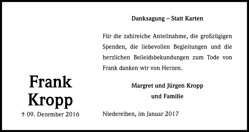  Traueranzeige für Frank Kropp vom 21.01.2017 aus Kölner Stadt-Anzeiger / Kölnische Rundschau / Express