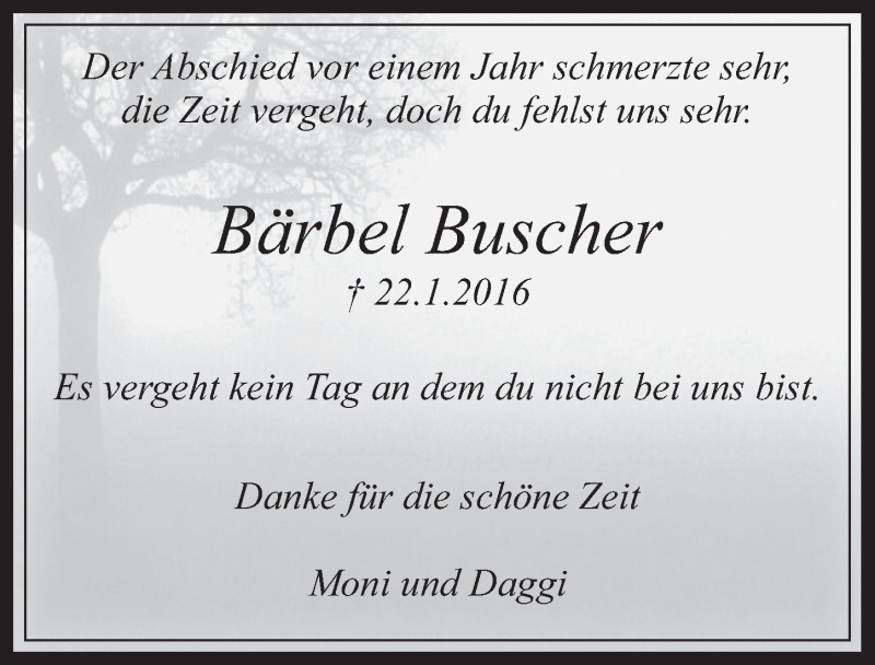  Traueranzeige für Bärbel Buscher vom 25.01.2017 aus  Wochenende 