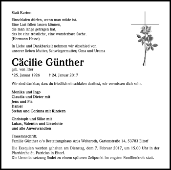 Anzeige von Cäcilie Günther von Kölner Stadt-Anzeiger / Kölnische Rundschau / Express
