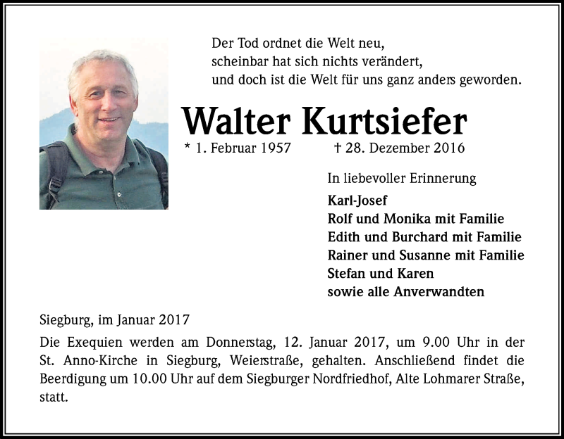  Traueranzeige für Walter Kurtsiefer vom 07.01.2017 aus Kölner Stadt-Anzeiger / Kölnische Rundschau / Express