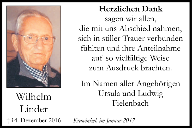  Traueranzeige für Wilhelm Linder vom 14.01.2017 aus Kölner Stadt-Anzeiger / Kölnische Rundschau / Express