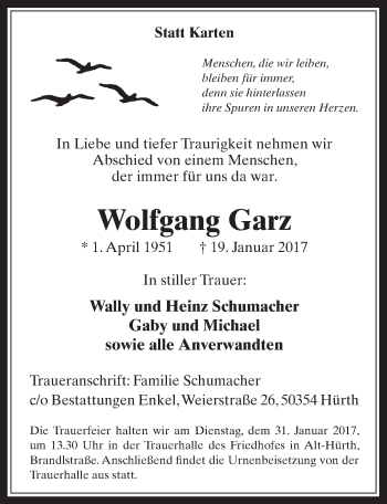 Anzeige von Wolfgang Garz von  Wochenende 