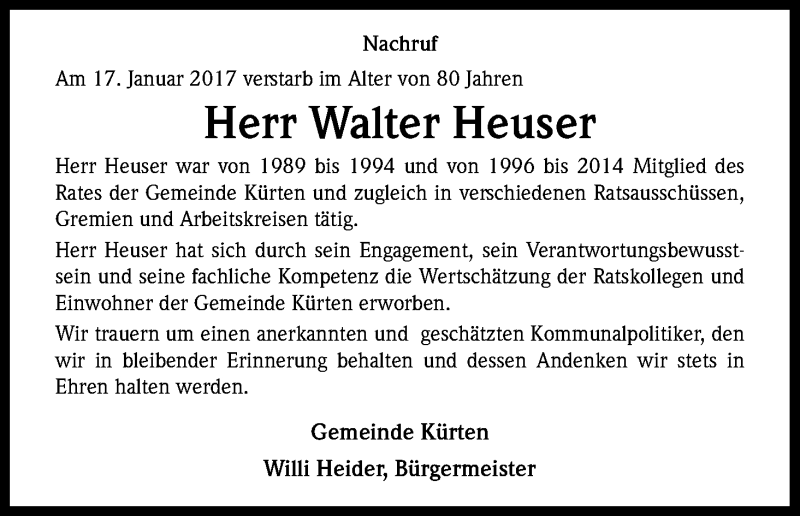 Traueranzeige für Walter Heuser vom 21.01.2017 aus Kölner Stadt-Anzeiger / Kölnische Rundschau / Express