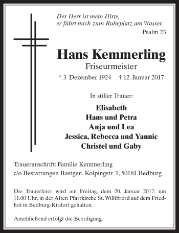 Anzeige von Hans Kemmerling von  Werbepost 