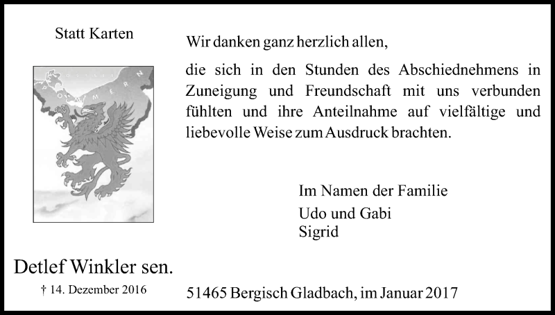  Traueranzeige für Detlef Winkler vom 21.01.2017 aus Kölner Stadt-Anzeiger / Kölnische Rundschau / Express