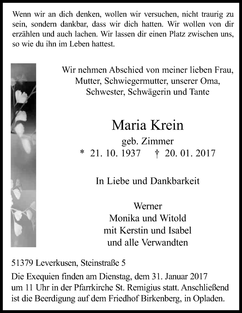  Traueranzeige für Maria Krein vom 27.01.2017 aus Kölner Stadt-Anzeiger / Kölnische Rundschau / Express