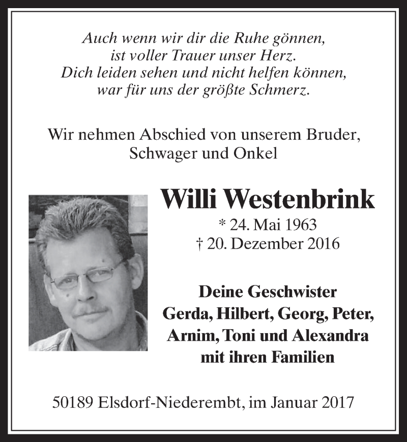  Traueranzeige für Willi Westenbrink vom 04.01.2017 aus  Werbepost 