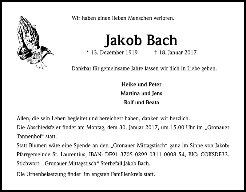  Traueranzeige für Jakob Bach vom 25.01.2017 aus Kölner Stadt-Anzeiger / Kölnische Rundschau / Express